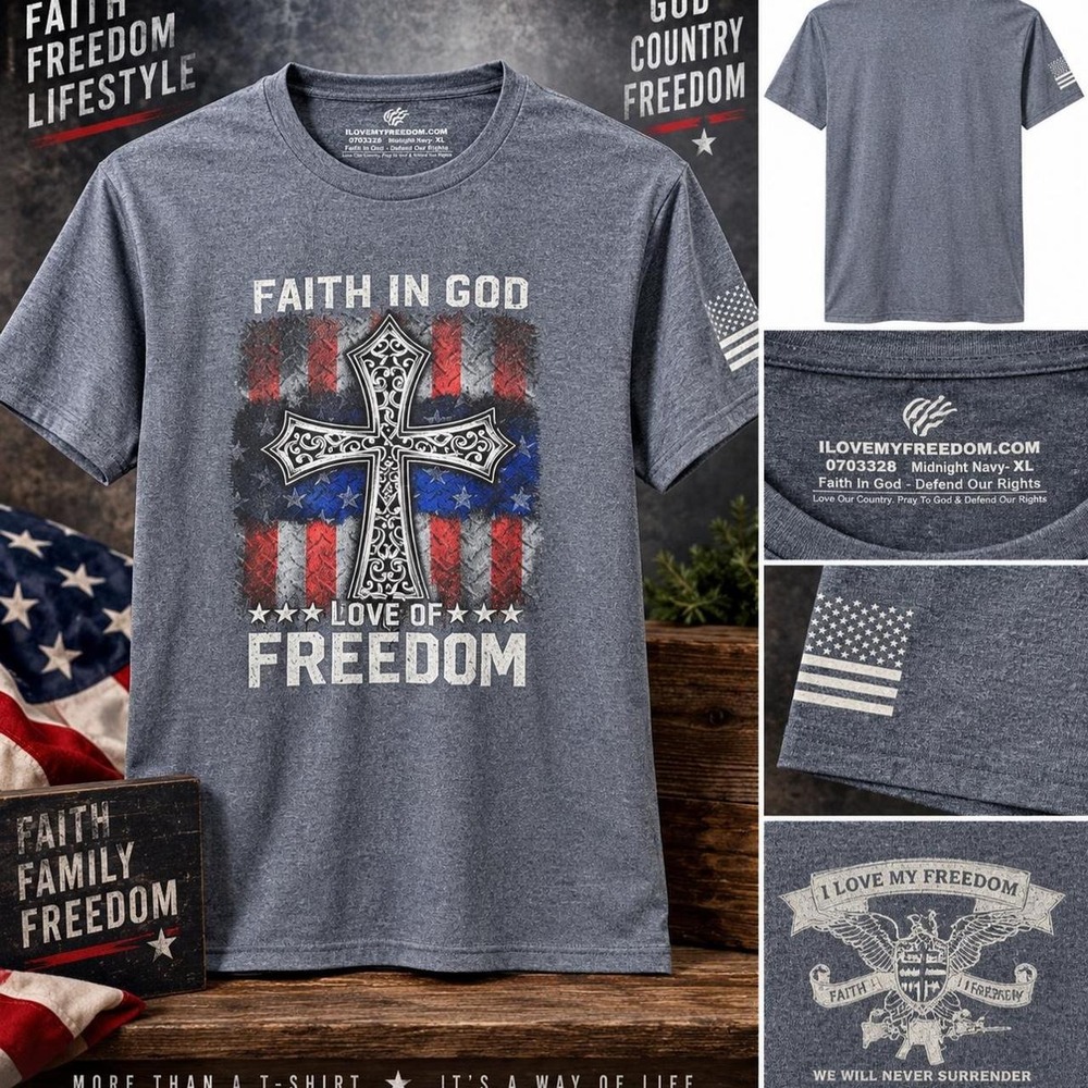 I Love My Freedom Faith In God Graphic T-Shirt Midnight Navy XL 07033328